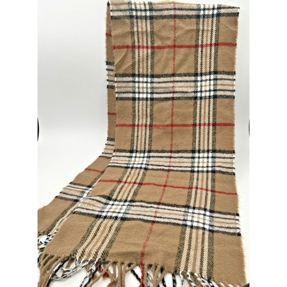 100% Cashmere Scarf Beige Check Plaid Long Rectangular Unisex Winter Luxury